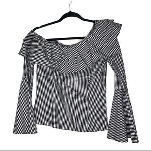 Scripted Black White Gingham Ruffle Off Shoulder Bell Sleeve Top Size S